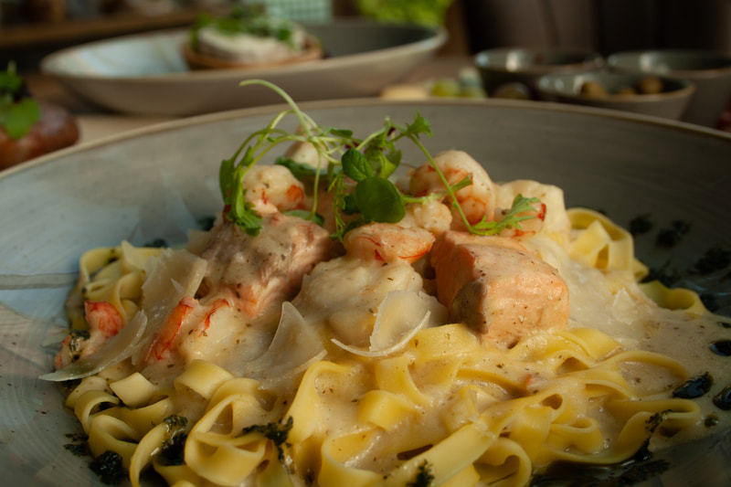 Salmon and prawn pasta dish from the Olive Tree Restaurant, Wildlands, Galway.
Food photography by Fitzpatrick Creative, Galway.